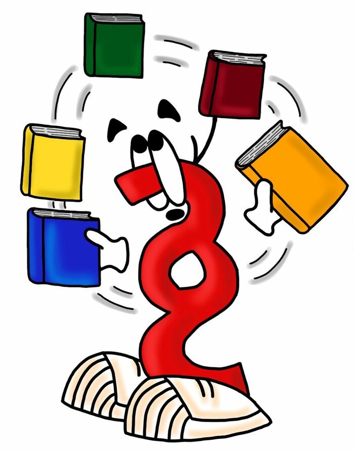 Eine Handzeichnung ist dargestellt. Ein rotes Paragraphenmännchen mit Augen, Füßen und Händen jongliert fünf Bücher über seinem Kopf.