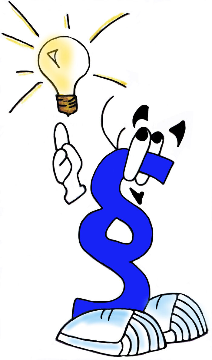 Handzeichnung eines Paragraphenzeichens mit Füßen und Augen. Es ist blau und hat eine Glühbirne über dem Kopf schweben. Hier soll eine Ideeneingebung dargestellt werden.