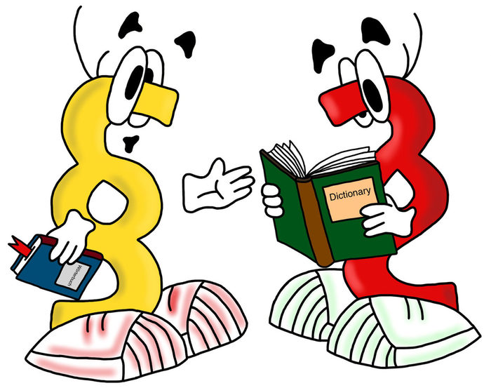 Eine Handzeichnung ist dargestellt. Zwei Paragraphenmännchen (eines gelb und eines rot) mit Augen, Füßen und Händen scheinen sich zu unterhalten. Das linke, gelbe Männchen hat ein Buch mit dem Aufdruck "Wörterbuch" in der Hand hinab hängen und scheint dem roten Männchen etwas zu erklären. Das rote Männchen schaut in ein grünes Buch, welches es mit beiden Händen festhält. Auf dem grünen Buch steht "Dictionary".