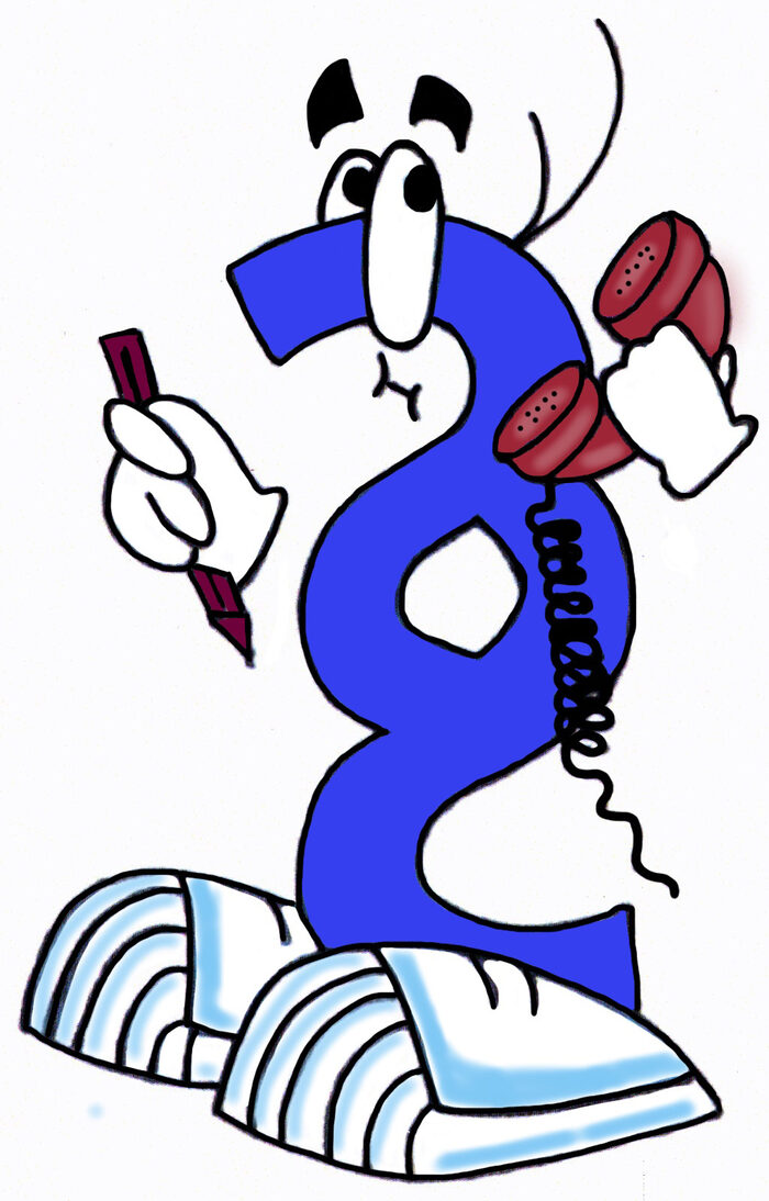 Eine Handzeichnung ist dargestellt. Ein blaues Paragraphen-Zeichen mit Augen, Schuhen und Händen. In der linken Hand ist ein Stift, in der Rechten Hand ein Schnurtelefon. Das Paragraphen-Männchen blickt konzentriert nach oben.
