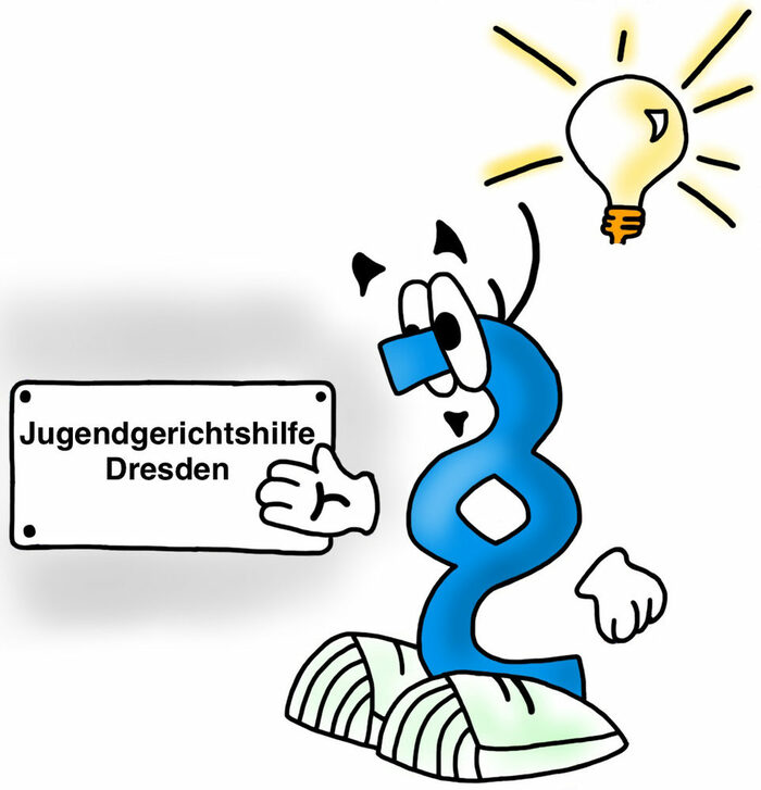 Handzeichnung eines Paragraphenzeichens mit Füßen und Augen. Es ist blau und über ihm schwebt eine Glühbirne als Zeichen für eine Eingebung. Es zeigt auf ein Hausschild mit der Bezeichnung: Jugendgerichtshilfe Dresden.