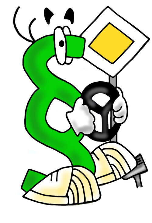 Eine Handzeichnung ist dargestellt. Das grüne Paragraphenmännchen mit Augen, Händen und Füßen, hält stehend in beiden Händen ein schwarzes Lenkrad. Mit dem linken Fuß tritt es auf ein Pedal. Im Hintergrund steht ein Vorfahrtsschild.