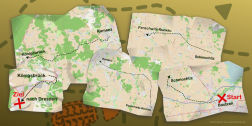 Ein Foto ist dargestellt. Es zeigt die Wanderkarten der Regionen Königsbrück, Schmochtiz, Bautzen, Panschwitz-Kuckau und Dresden. Dies entspricht der Laufroute des Arbeitswegs.