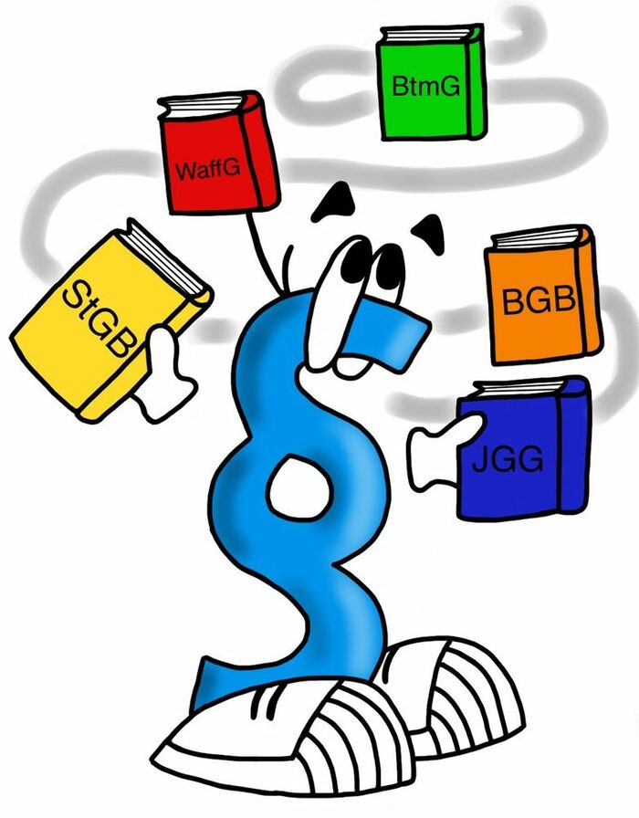 Eine Handzeichnung ist dargestellt. Ein blaues Paragraphenmännchen mit Augen, Füßen und Händen jongliert fünf Gesetzbücher über seinem Kopf. Es sind die Gesetze StGB, WaffG, BtmG, BGG und JGG.