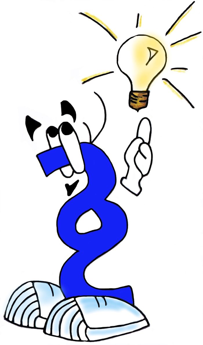 Eine Handzeichnung ist dargestellt. Ein blaues Paragraphenmännchen mit Augen, Füßen und Händen, hält seine rechte Hand in die Luft mit ausgestrecktem Zeigefinger. Über dieser Geste schwebt eine Glühbirne. Es soll eine Idee dargestellt werden.