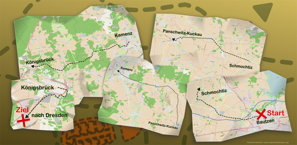 Eine Zeichnung von Landkarten mit den Gebieten der Lausitz und Sachsen ist dargestellt. Unter anderen ist auf den Landkarten Bautzen, Kamenz, Königsbrück und Dresden vermerkt.