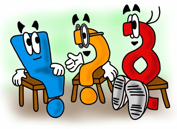 Eine Handzeichnung ist dargestellt. Drei personifizierte Figuren sitzen in einem Stuhlkreis und unterhalten sich. Links sitzt ein blaues Ausrufezeichen, in der Mitte ein gelbes Fragezeichen mit Brille und rechts ein rotes Paragraphenmännchen.