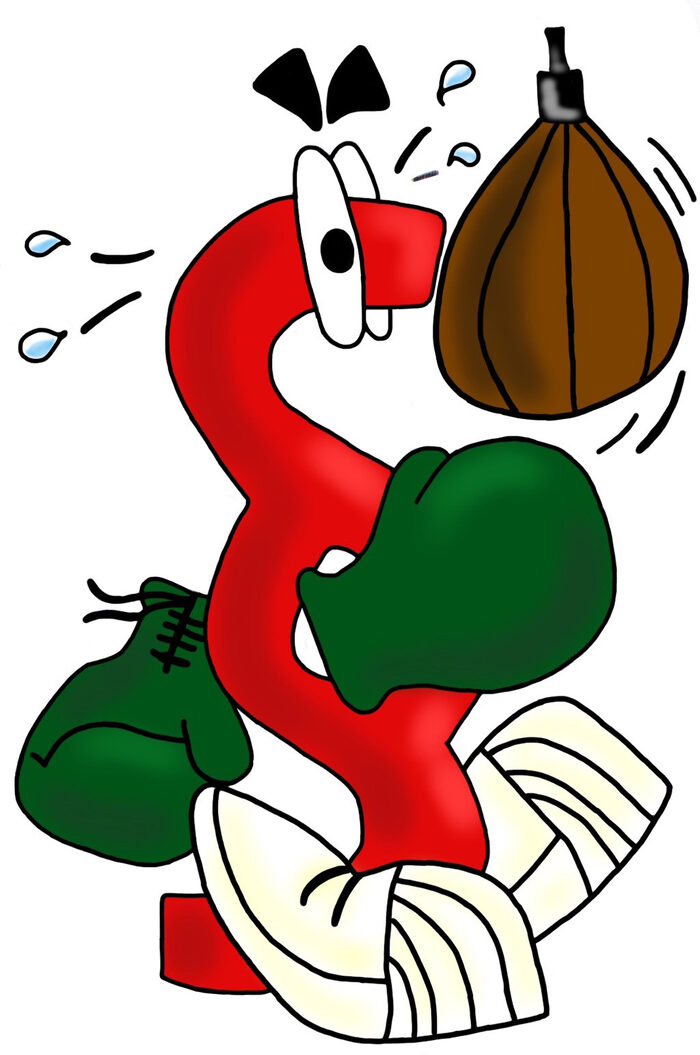 Eine Handzeichnung ist dargestellt. Ein rotes Paragraphenmännchen mit grünen Boxhandschuhen schlägt auf einen braunen Boxsack. Es schwitzt.